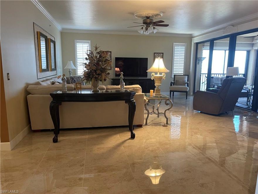 Stunning river views from this 5th floor Alahambra II. Featuring 2 bedrooms plus den with 2.5 baths offering an oversized corner two car garage with space for a golf cart. Open floor plan with a substantial primary suite providing a large sitting area,  primary ensuite offering a dual vanity, soaking tub and separate shower. This unit is offered Turn Key. See list of items that do not covey. 186 slip deep water Marina with slips available for lease or purchase. All amenities available with membership purchase. Sq. Ft. approximate or from Lee Co. Master Association Fee: $1,350/Annually, Condo Fee $886 monthly.