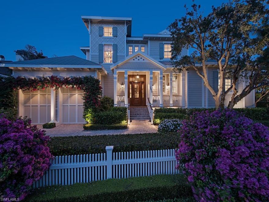 At the Southernmost point of Gulf Shore Blvd South lies a meticulously kept custom built, Stoft-Cooney designed residence, just one house off the beach. With a secluded beach access directly across the boulevard, sunsets are experienced in an intimate and romantic setting.  Thoughtfully designed, with a focus on the Southern sunlit pool and outdoor area, this gracious 5 bedroom home features natural stone counters throughout, Wolf and Sub Zero appliances, four car garage with lift capability, custom millwork, and a separate guest wing with private entrance. Featured in the  Distinctive Homes of America - Volume III, Naples FL hardcover publication, this is a classic example of timeless Old Florida architecture. The metal roof and exterior clapboard with fish scale shingles provide the elements of a beautiful Coastal Cottage aesthetic to be enjoyed for years to come.  A rare offering for the first time on market, perfectly situated just off the beach and a short stroll to the fine shopping and dining of 3rd St South.