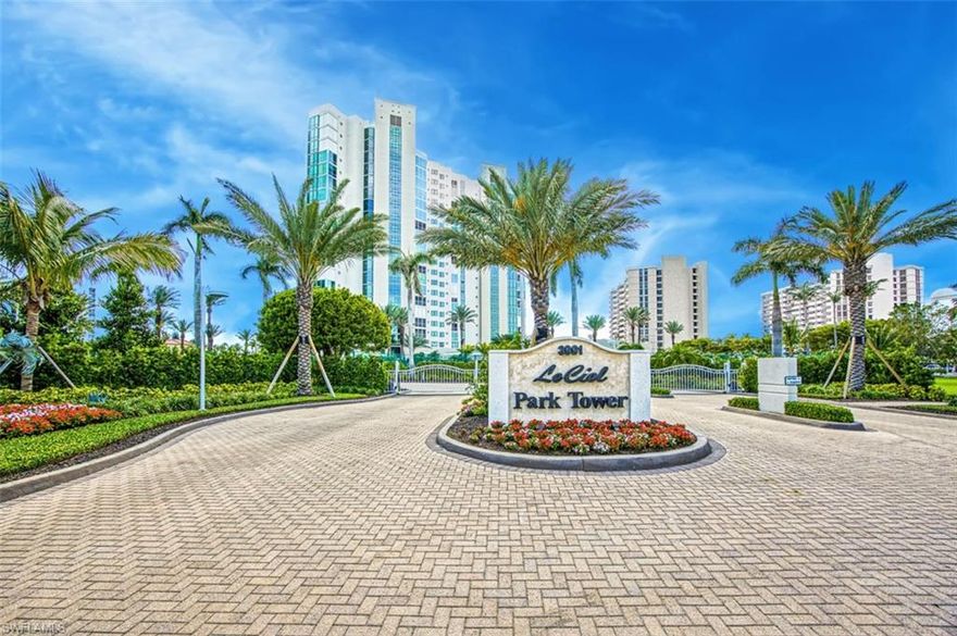 Luxury beachfront living at it's finest. Located on the fourth floor of the prestigious Le Ciel Park Tower. This residence boasts 3 bedrooms, 3 bathrooms and has 3000 sf of living space. Natural light is plentiful through the floor to ceiling windows. The living area flows gracefully onto the expansive, west facing balcony. You will witness breath taking sunsets, twinkling stars and tropical breezes. The thoughtfully designed floor plan has a spacious kitchen and a primary en-suite with even more breath taking views. The primary en-suite has double walk in closets and a luxurious master bathroom. Enjoy morning sunrises and bay views from the balcony of the two east facing bedrooms. Additional features include, access to the Park Shore Beach promenade, swimming pool, spa, exercise room, grill area, hurricane protection throughout and 2 deeded 2nd floor parking spaces. On site management and private gate entry with 24 hour security is included. Le Ciel Park Tower is a premiere beach front building located steps away from Venetian Village with boat slips available for lease or purchase at the Venetian Bay Yacht Club.