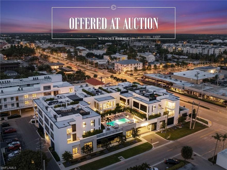 LUXURY REAL ESTATE AUCTION on-site on Monday, April 20th, 2026, at 11:00 AM. Previews begin on Saturday, March 28th, and will run every Saturday and Sunday from 1:00 to 4:00 PM until the auction. Private appointments are available; please call for details. Welcome to Residence 303 at Stella Naples — a stunning penthouse-style retreat where contemporary design and relaxed coastal living come together in the heart of Olde Naples. Completed in 2024, this boutique luxury condominium offers an exceptional lifestyle just moments from the renowned shops and dining of Fifth Avenue South and the sugar-white beaches along the Gulf of Mexico. Perched on the top floor, this one-of-a-kind three-bedroom, three-and-a-half-bath residence spans 2,875 square feet of beautifully designed open living space. With soaring 10-foot ceilings and coveted southern exposure, the home is bathed in natural light throughout the day. Interiors by the award-winning team at LVD Spaces bring a fresh, whimsical beach-house elegance to life, blending refined finishes with inviting comfort. Custom wall treatments, designer lighting, and tailored millwork create a sophisticated yet welcoming ambiance in every room. At the heart of the home, the gourmet kitchen is equal parts showpiece and workspace. Custom Ruffino cabinetry pairs effortlessly with sleek quartz countertops, while a full suite of premium appliances — including Sub-Zero refrigeration and a striking slate-blue Viking range — elevates both everyday living and entertaining. The kitchen flows seamlessly into the expansive great room, creating an ideal setting for gatherings both intimate and grand. The primary suite is a tranquil sanctuary designed for relaxation, featuring a spa-inspired bath with an oversized walk-in shower, bespoke fixtures, and a generous walk-in closet. Each additional bedroom offers en-suite privacy, ensuring comfort for family and guests alike. What truly distinguishes Residence 303 is its private rooftop oasis — with a dedicated interior staircase leading to an expansive 1,123-square-foot rooftop terrace. Complete with a built-in outdoor kitchen and natural gas fire bowl, this extraordinary space invites sunset dinners, starlit entertaining, and effortless enjoyment of Naples’ year-round sunshine — all in complete privacy. Residents of Stella Naples enjoy an array of thoughtfully curated amenities, including a 42-foot resort-style pool with cabanas and an expansive sun deck, a chic resident lounge, state-of-the-art fitness center, and a private turf pet park. Two deeded parking spaces with EV charging capability, climate-controlled storage, and dual resident lobbies further enhance the ease and exclusivity of this intimate community. This is a rare opportunity to own the signature residence in one of Naples’ newest luxury addresses — a seamless blend of architectural distinction, privacy, and premier downtown location. Residence 303 captures the very best of modern coastal living in Naples.