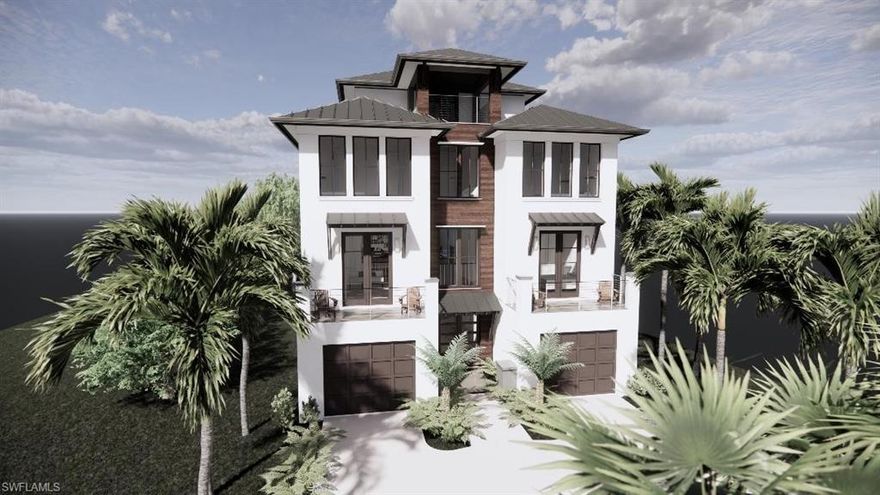 Available for purchase now! Bonita Beach's latest custom home by Latitude 26 Builder's. Project currently underway with 2022 delivery. Stunning modern coastal elevated pool home located on an expansive bay setting with Gulf views and beach access across the street. This four level home offers a stunning open layout with generous entry to a fantastic main living level. This space offers grand open kitchen with high end surfaces and gas range cooking, large living area, a wall of glass out to the covered outdoor area and negative edge elevated pool. Layout includes 4 plus den. The master suite sprawls across the wide bay views. Rare, 4th level Gulf viewing deck. Wide multi landing stairs down to boat dock with entertaining area and fire pit. All new boat dock with lift with Gulf access in minutes. This home will be full featured with smart lighting and audio, private elevator, available generator, and the latest hurricane building codes. Designer furniture and furnishings included. Sold at lot value.