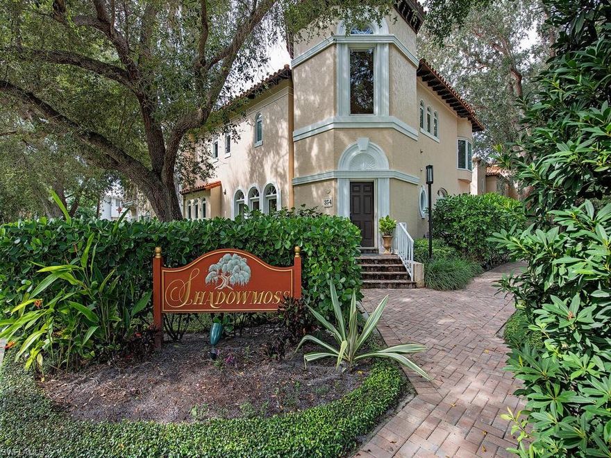 Shadowmoss is located just off of 5th Avenue and 3 blocks to the Gulf of Mexico. This newly remodeled 2 story condo lives like a single family home and was the developers personal unit. Interior updates include new kitchen, wet bar, all 3 bathrooms . The southwest facing condo receives natural light through the many windows and doors. High ceilings, and a cozy and comfortable feel makes this quite the unique home. The 3 bedroom, 2 and a half  bath unit has its own private entrance and garage. There is a large master suite with a balcony overlooking a fountain and courtyard, a VIP guest suite and a private covered veranda, along with a recently updated open floorplan for comfort and style. Enjoy the best of Olde Naples with the secure modern conveniences of condo living along with the privacy and feel of a single family home in an amazing location.