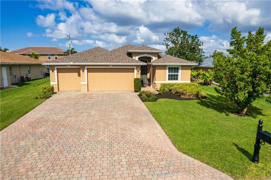 Meticulously maintained, one-owner home located in the highly desirable Camelot Isles neighborhood of SW Cape Coral. This beautifully updated 3-bedroom, 2-bathroom home with a large den/office and a 3-car garage offers both comfort and convenience. Situated just minutes from shopping, medical facilities, and Cape Harbour, this home is perfect for anyone looking for a relaxed and accessible Florida lifestyle. This home is filled with thoughtful updates and modern features, including a new roof (2021), new interior paint (2023), and new luxury vinyl plank flooring in the bedrooms (2023). The whole-house Kinetico water filtration system, combined with a kitchen reverse osmosis system, ensures the highest water quality. A new air conditioner (2021), water heater (2023), and a new refrigerator (2022) enhance comfort and efficiency throughout. The home also features a generator transfer switch and Storm Smart hurricane screens for peace of mind during inclement weather. Window treatments are installed throughout the home, adding to its polished and finished appeal. The exterior is equally impressive, with a screened lanai and a large, fully fenced backyard with an extended paver patio—ideal for relaxing or entertaining. A new sprinkler system with updated fixtures and a timer box (2020) keeps the landscaped yard vibrant year-round. Appliances, including a refrigerator, oven/stove, microwave, dishwasher, garbage disposal, and washer/dryer, make this home truly move-in ready. Located in a highly sought-after, established neighborhood, this home is ready to welcome its new owners. Don’t miss the opportunity to live in one of SW Cape Coral’s most desirable communities. Schedule your private tour today!