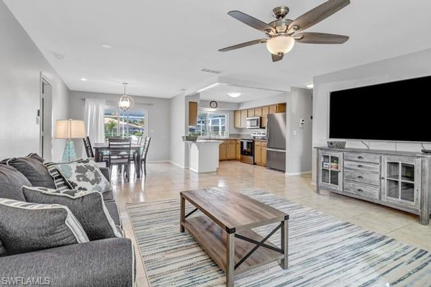 Waterfront Pool Home – Pet Friendly! Fully furnished 2-bedroom, 2-bath home with 2-car garage on a sailboat-access canal in SE Cape Coral’s Palaco Grande community. Features include heated saltwater pool, spacious lanai with Smart TV, and fenced yard. Interior highlights: 75” Smart TV in living room with queen sleeper sofa, king-sized primary suite with private bath, and guest suite with two full beds and pool access. Owner covers pool service, landscaping, cable, and internet. Includes WiFi, 2 kayaks, and a bicycle. Conveniently located near dining, shopping, parks, and a short drive to Ft. Myers Beach and islands. Available April 2026!