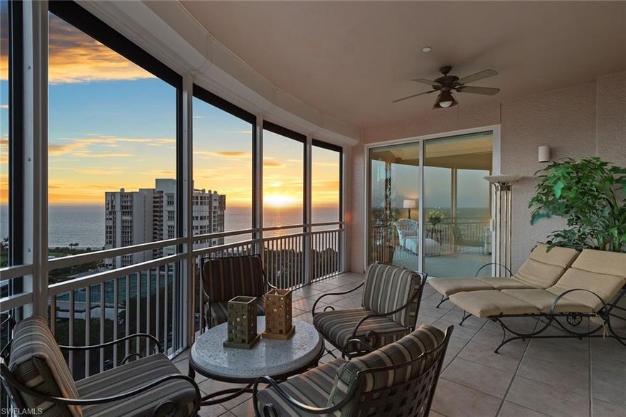 Located directly on the beach in the heart of Park Shore, panoramic views await you in this 14th-floor home at Provence. Wake up to the colorful sunrise on Venetian Bay, and during the evenings watch the beautiful sunset, all from the comfort of this over 4,000 sq. ft. home. Three screened terraces, floor-to-ceiling windows, crown molding, and gorgeous built-in cabinetry & shelving are just some of the extra features this home has to offer. The open kitchen boasts granite countertops, stone tile backsplash and plenty of storage space. Provence is the epitome of luxury living, with a spectacular pool & spa, sauna, outdoor kitchen, community & board rooms, fitness center, tennis court, and access to the Park Shore promenade, a private 1.3-mile paved path to stroll along the beach. You'll have peace of mind with two under-building parking spaces, 24-hour lobby & security service, and on-site management. Provence is pet-friendly with 2 pets permitted without size restrictions. Boaters can buy or lease a slip from Venetian Bay Yacht Club just across the street, and after a day on the water, walk to the renowned dining & shopping at Venetian Village.