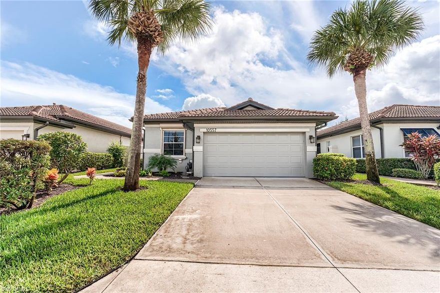 Welcome to this WCI-built Picasso model home in the Avila community of Pelican Preserve, a "walls-in only" insurance community where the HOA handles all exterior maintenance. The HOA/Condo replaced the roof, gutters, downspouts, and painted the exterior in 2021. Pelican Preserve is a nationally recognized active lifestyle 55+ gated master-planned community. This single-family home overlooks the #2 Heron Hole on the membership optional 27-hole golf course. Featuring 2 bedrooms, 2 bathrooms, a den/office, dining room, 2-car garage, and an enclosed Florida room with sliders for an indoor-outdoor feel, the floor plan is both functional and inviting. The screened lanai offers beautiful views and space for a potential pool. All windows and doors have electric roll-down shutters for peace of mind. The home has gas availability but currently uses electric for cooking, along with a tankless gas water heater for endless hot water. Move-in ready, with new LVP flooring, fresh paint and updates throughout. This house offers access to 3 pools, a fitness center, spa, game room, billiards, woodworking shop, 2 restaurants, a preserve with a boardwalk, dog park, fishing pier, 27-hole golf course, pickleball, tennis, and a theater. Fiber Internet and TV service is included so you only have to pay for electric, gas, and water.