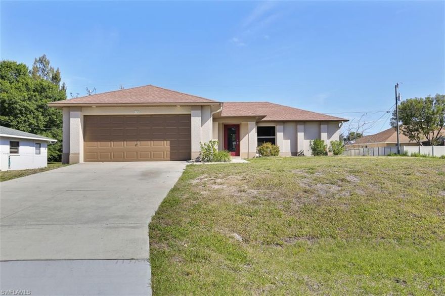 Located in beautiful SW Cape Coral, this 3-bedroom, 2-bath home offers 1,400 sq./ft. of living area, split bedroom floor plan, new carpet in living room and bedrooms, fresh paint, laundry room. The kitchen has plenty of cabinets for storage space, pantry and breakfast nook. The spacious master bedroom features dual sinks and a walk-in-shower. Water & Sewer are in. Conveniently located near Parks, the Burnt Store Boat Ramp, Coral Oaks and Palmetto Pines Golf Courses, Sun Splash Family Water park, shopping, dining and entertainment.