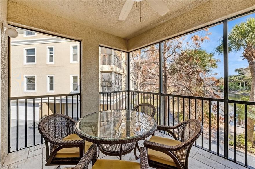 Welcome to easy, waterfront-community living in Fisherman’s Cove Condos! This beautifully maintained 3-bedroom, 2-bath residence at 10061 Lake Cove Drive, Unit 102 captures a picture-perfect lake and gazebo view: the kind of setting that instantly slows your pace the moment you walk in.

Inside, the kitchen is both functional and inviting, featuring granite countertops, GE appliances, and a cozy breakfast nook that flows seamlessly into the main living area, ideal for casual mornings or entertaining friends. Open the accordion doors and let the Florida lifestyle shine as the living space expands into a spacious screened-in patio, perfect for sipping coffee, reading, or unwinding while overlooking the peaceful water view.

This home offers comfort and peace of mind with hurricane impact windows, plantation shutters, and a rare 2-car garage, a standout feature for condo living. Located in Fisherman’s Cove, the buildings offer secured access with key or code entry, plus fire sprinklers and security alarms for added confidence.

Life here is simple in the best way: your HOA fees cover the pool, fitness center, landscaping, and water bill, making ownership low-maintenance and stress-free. And with its friendly atmosphere and paved perimeter paths, Fisherman’s Cove is perfect for those who love to stay active and enjoy the outdoors.

With pet-friendly policies, wheelchair accessibility, and an easy, convenient layout, this home is built for comfortable living. Spend a quiet afternoon by the lakeside gazebo, and enjoy being just minutes from beaches, shopping, dining, and downtown Fort Myers. This isn’t just a condo, it’s a lifestyle.