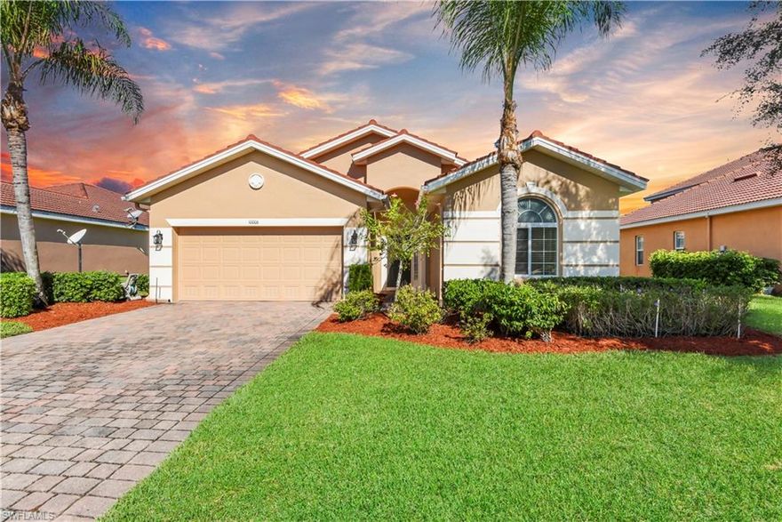 Beautiful lakefront home in a GREAT location! Situated in the gated community of The Forum, this 3 bedroom home that offers over 1,800 sq ft of living space has been meticulously maintained. Great curb appeal with well-manicured lawn & landscaping, accompanied by a freshly painted exterior, barrel tile roof, arched entryway, colorful pavers, and decorative stucco work. The floor plan allows for guests to have lots of privacy with the split bedroom design, and the master has a lake view along with 2 walk-in closets and a spacious master bath featuring dual sinks, a soaking tub and a glass enclosed tile shower. Granite countertops can be found in both baths and in the kitchen, which also features lots of pantry space, a breakfast bar, and wood cabinets. A screened lanai with pavers offers a peaceful view of the lake, and there is plenty of room for a pool if desired. Promenade at the Forum is a gated community of single-family homes surrounded by lakes and built by the reputable Ryland Homes. This community enjoys all of the conveniences of The Forum which features shopping & dining, and is just a short drive to I-75 and the SWFL Int. Airport.