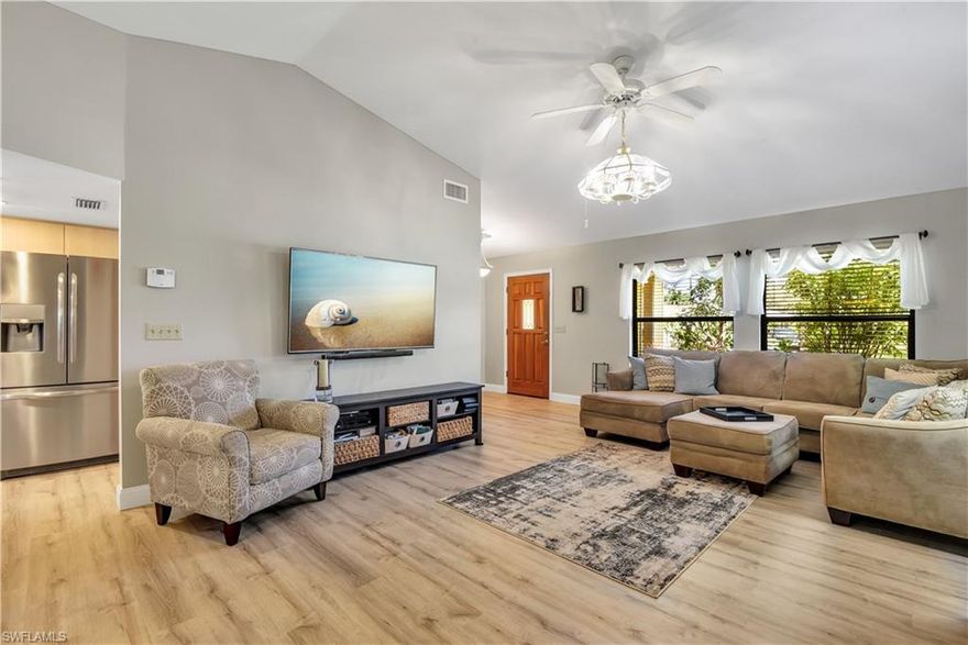 Pool home on oversized corner lot in San Carlos Park! Perfect home for a growing family that features a living & family room layout, split bedroom floor plan, cathedral ceilings, breakfast bar, breakfast nook, formal dining area w/ French door entry to family room, additional screened lanai off of family room, laundry closet w/ cabinet space, 2-car garage, and wonderful outdoor living space that offers a screened-in pool, under truss area, and direct entry to master bath (pool bath). This home backs up to a lake giving the pool lanai a peaceful lake view and lots of privacy. Convenient location- just a short drive to I-75, Gulf Coast Town Center, FGCU, Hertz Arena, and Three Oaks Community Center & Tennis Complex.