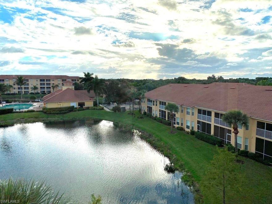 BEST BUY in Estero for a 2/2 condo with WATER & SUNSET VIEWS.  This 4th floor condo features a common ELEVATOR, beautiful views, and lovely breezes on your SCREENED LANAI.  The living areas have tile flooring and the kitchen boasts new STAINLESS STEEL APPLIANCES and a new kitchen sink  The entire condo has been FRESHLY PAINTED and the bedrooms have NEW CARPET.  Water heater new in 2017, dryer new in 2020.  Move-in condition is perfect for a first time buyer or investor.  Community pool and clubhouse with exercise room.  CONVENIENTLY LOCATED to Florida Gulf Coast, RSW airport, shopping, restaurants, and just 25 minutes to the beach.  Don't delay - call today!