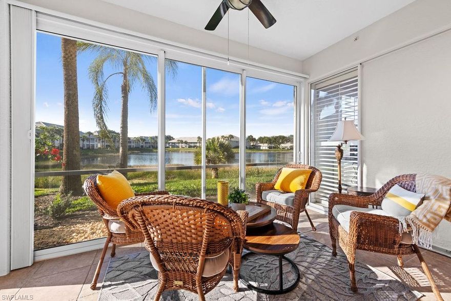 Available May-Nov 2026. Very bright ground floor, 2br/2ba end condo with carport and lake view. Located in Carrington at Stonebridge Country Club. Master bedroom has a king size bed, double walk-in closets, access to lanai, plantation shutters, dual vanity and shower. Guest bedroom offers two twin beds and a spacious walking closet. Stonebridge is a Gated Bundled Golf Country Club Community. Amenities include a brand new clubhouse, 3 restaurants (Grill Room, Dining Room with a terrace and Lakeside Bistro) 5 lighted har-tru tennis courts, Fitness Center, community pool and spa. Located only 3 miles from pristine beaches of the Gulf of Mexico. Close to Mercato, Waterside shops and fine dining. OPTIONAL GOLF MEMBERSHIP TRANSFER. NO PETS per HOA.