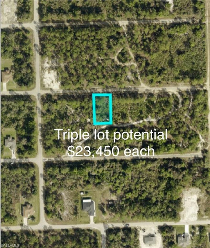 BUILDER DREAM!!! TRIPLE LOT POTENTIAL!! Buy 1 or all 3!! Very rare 3 lots consecutive .25 acre lots, high and dry lot in the popular west area of Lehigh Acres. Plenty of options with this property, you can build on 1, keep 2 for privacy, investment or whatever suits your needs. The property is on a dead end road and Sunshine Blvd is just minutes away. You can enjoy many activities within a short drive such as… Shopping, JetBlue Stadium (Home of the Red Sox spring training), Hammond Stadium (Home of the Twins spring training) and Fort Myers Beach. Also for added convenience, Southwest International Airport is quick drive away, Don’t miss out! Addresses: 3223 55th St W, 3225 55th St W, and 3227 55th St W., Lehigh Acres FL 33971