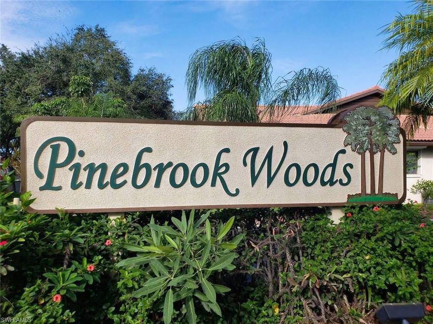 This pristine villa in a prime location is a hidden gem!  It is quite spacious with 2 bedrooms, 2 bathrooms, and a 2 car attached garage. The air conditioner was replaced in 2010; water heater in 2016; and, the electrical panel in 2021. The kitchen was remodeled in 2012 and both bathrooms in 2013.  In 2012 hurricane shutters were installed on all windows and in 2015 the garage door was replaced and the lanai was glassed in to provide hurricane protections.  Located in the gated Pinebrook Woods community, this neighborhood is conveniently located near Bell Tower Shops. Features include a large family room, spacious kitchen, large bedrooms with walk-in closets, vaulted ceilings, neutral paint throughout, and 3-way access to the screened lanai overlooking the pool and cabana. This community is located near restaurants, shopping, the brand new Whole Foods, theaters, Twins and Red Sox stadiums, Gulf Coast hospital, Southwest Florida Regional airport, & beaches.