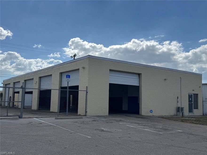 This light industrial zoned property in the heart of Cape Coral has been renovated since Ian including new TPO roof over the concrete existing roof. 4,500 sf building, 2 remodeled offices with interior paint, ceramic tile floor, 2 remodeled restrooms. Has a separate bay on the alley for painting (no longer certified), a fire sprinklers and a hazardous material storage room. 3 phase power, fully paved and fenced lot to the east of the building allowing room for additional parking or outside storage. NOT IN A FLOOD ZONE, 8 OHD.