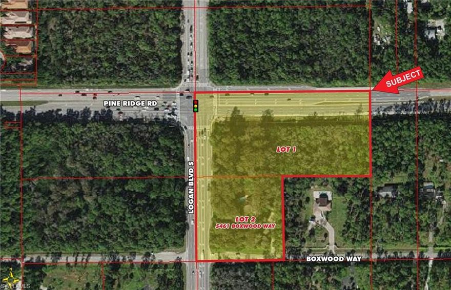This two-lot assemblage totaling 4.8± net acres is situated at the SE corner of the signalized intersection of Pine Ridge Road and Logan Boulevard S, a high traffic intersection boasting almost 70,000 vehicles per day and surrounded by both established and growing residential communities. Excellent visibility and access from three road frontages, Pine Ridge Road, Logan Boulevard S and Boxwood Way. Subject to amending the GGAMP (Golden Gate Area Master Plan), the current Estate District zoning has the potential of being developed into an ALF project, Place of Worship, School, Nursing Home, and more. The site also offers the potential for Commercial, Gas Station, Car Wash, Drug Store, Retail Center or Multifamily use, subject to rezoning as well as amending the GGAMP. Lot 2 has a tenant occupied, 1,760± SF, 3-bedroom, 2-bathroom pool home built in 1989.