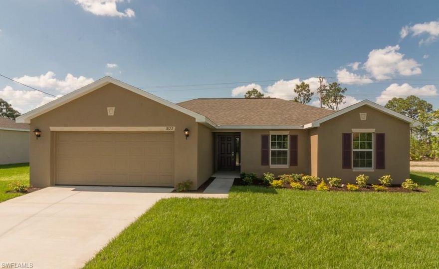 Home is under-construction and the expected completion date is June 8, 2017. The Brand New Fiesta Key floor plan is located in the beautiful Cape Coral. This spacious one-story home features 3 bedrooms, 2 baths, and is 1,522 square feet with a 2 car garage. Included in this beautiful new home, are new appliances, custom cabinets, an extensive lanai, sprinkler system in front and back yards, and a Homeowner Warranty.