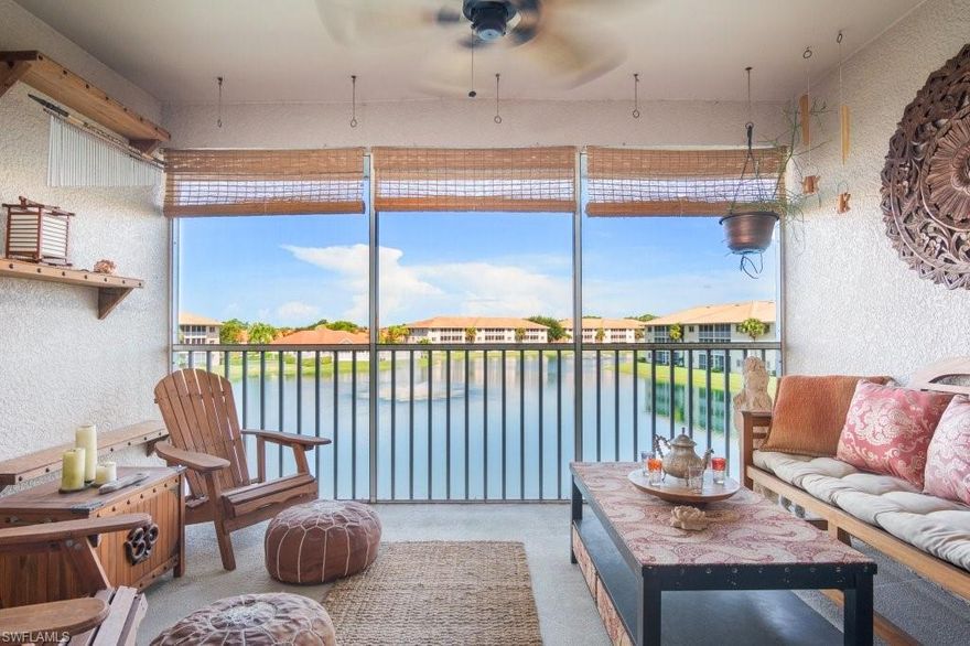 A MUST SEE POLYNESIAN PARADISE! This stunningly turnkey, FULLY FURNISHED, condo has everything you need and more! 2 bedrooms, 2 bathrooms, and 1,304 sq. ft. of pure relaxation. Whether this is your primary home or your vacation getaway, you and your guests will enjoy your very own luau on the balcony overlooking the scenic lake, fountain and your community pool. Custom wood beams and grasscloth paneled ceiling and walls cover the great room.  Rest easy and cool, since the A/C was just installed in 2019! Your Primary Bedroom suite has a double vanity and walk-in closet. Located in the gated community of Blue Heron, this third-floor unit sits directly across from elevator, comes with assigned, covered parking, on-site management, and a community clubhouse. Plenty of guest parking, and low HOA fees. Only 7 miles from Downtown Naples 5th Ave South, and 8 miles from the Naples Pier Beach... this must see unit won’t last long! Everything you see is included! (See agent remarks for specific personal items that do not convey)