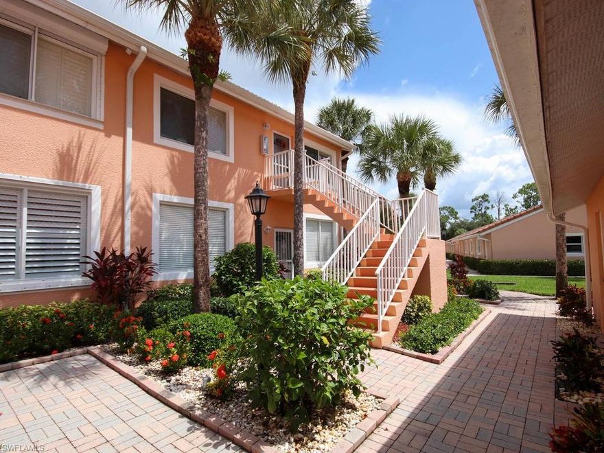 This 2nd floor end unit has pretty view of the lake and is being offered turnkey furnished.  Extra windows in the kitchen add to the brightness of this well maintained condo.  Summer kitchen (Jennaire electric grill).  Recently repainted. Lazy River pool and clubhouse with screened lanai...convenient to shopping and restaurants..all you need is your suitcase to start enjoying this resort style community.