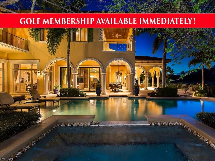 FULL GOLF MEMBERSHIP AVAILABILITY WITH THIS RESALE! This Opulent Two Story Palatial Estate Boasts Sweeping Southern Exposure Golf Course and Sparkling Lake Views. Elegance is inspired as you step into the grand foyer where you are greeted by the climate controlled wine room with a viewing window at the base of the impressive wrought iron winding stairway Just beyond this incredible entry is an elaborate mantel surrounding the gas fireplace in the formal living room creating a fantastic focal point alongside the outdoor views through the floor to ceiling windows. The second floor master suite is a lavish retreat complete with spa inspired master bathroom and french doors in the master bedroom opening to the private veranda overlooking the panoramic sparkling lake and golf course views. Open air multi-tiered outdoor living spaces including A river rock waterfall flowing from the koi pond. The elevated spill over spa cascades over into the shimmering negative edge pool with in pool seating and sun lounging deck.