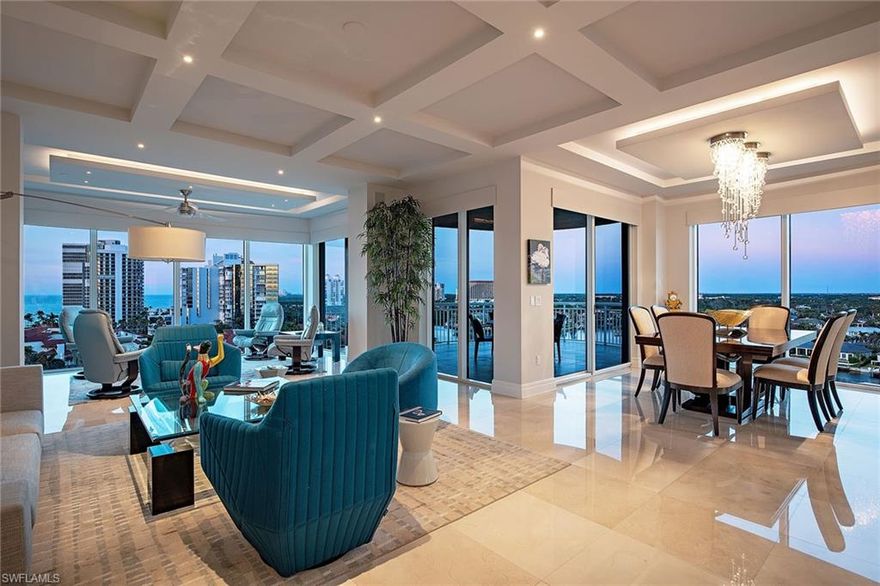 This spectacular three-bedroom, three-bath residence is artfully designed with an expanded floor plan and uncompromising 200-degree views of the gulf, bay and city. Roz Travis Interiors masterfully curated this extraordinary 10th-floor gem. Spanning 3,381 square ft with coffered 10-foot ceilings, window walls of glass, two outdoor terraces, one screened and shuttered terrace, an open gourmet kitchen with wine storage and top-of-the-line appliances and custom built-ins, this residence offers the finest in luxury coastal living. Aria is the newest beachfront building with an array of amenities, including 24-hour security, a billiards room, stylish club room, private dining room, men's and women's spa areas, massage room, fitness room, two elegant guest suites, and a beachside pool with a spa, covered bar area and barbecue grills. The building is well-staffed and meticulously kept, maintaining a status in keeping with its reputation of being one of the most sought-after addresses on Gulf Shore Boulevard.