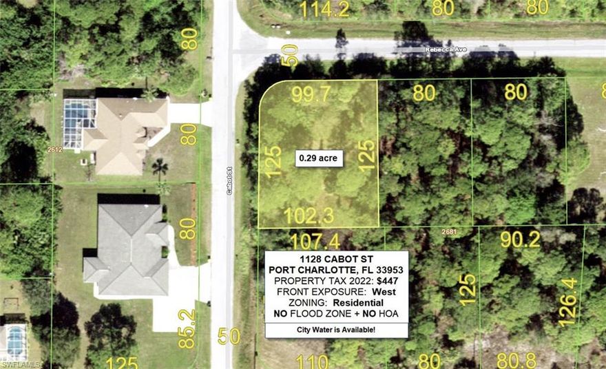 Large corner lot in the heart of Port Charlotte very fast growing city, conveniently located close by shopping, dinning and school. City water, sewer, electricity available and no HOA, no Flood Zone, unlimited building potential. Purchase now while price is low, then build your dream house later.
