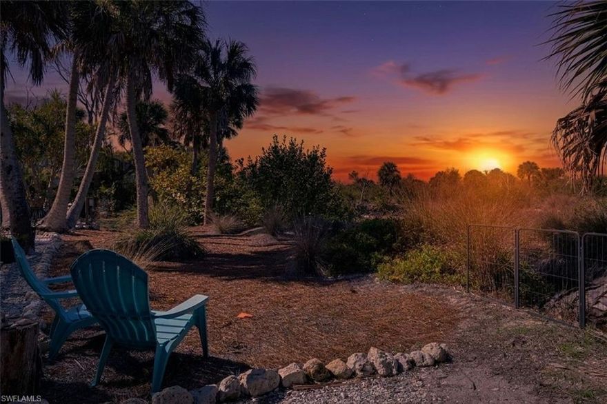 Stunning home in a wonderful, unique setting with spectacular sunsets EVERY night over Sanibel-Captiva Conservation Land!  Relax and enjoy those sunsets and nature from the pool, the screened porch off the living room, the huge, private screened lanai off the primary suite or from the eagle's nest cupola! This beautiful, pristine property boasts an entire half acre of easy-care natural landscaping, an expansive pool including a screened area in which to relax, an outdoor shower and even an elevated dog or shell washing station!  You'll love the vibe of this home while realizing that in addition to the "big ticket" items all being new and replaced, the design and features are outstanding!  Noting just a few of the new and newer items are the roof, the Miami-Dade rated siding, the screening, all hurricane windows and doors and sliders, kitchen appliances, A/C, 50 Amp RV or EV station, on-demand water heater, and paint and trim throughout.  The kitchen boasts a Bosch cooktop and wall oven and beautiful, clean and modern custom cabinets.  Hand-scraped Brazilian Cherry flooring is gorgeous with the calming, neutral palette of the home in total.  The Zen-like cupola loft above the primary suite is also air-conditioned and boasts 360 degree views of nature at its best.  Wow----this property is a birder's dream; don't miss the end of the walk-through video!  Less than three miles to Bowman's Beach or the resident beaches along West Gulf Drive, near J.N. Ding Darling National Wildlife Refuge, and a stone's throw from the island recreation center, this is a phenomenal property priced right!