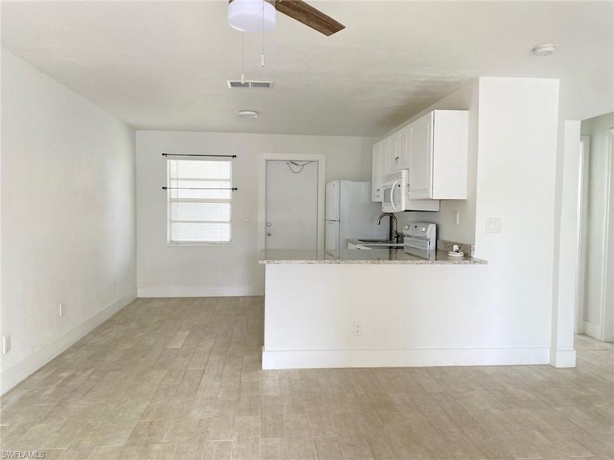 For rent...Newly renovated two bedroom/two bathroom unit! Tile throughout, granite counters, open kitchen. The unit is located within five minutes from downtown Cape Coral and some of the best restaurants in town. Storage area includes washer and dryer hookups.
