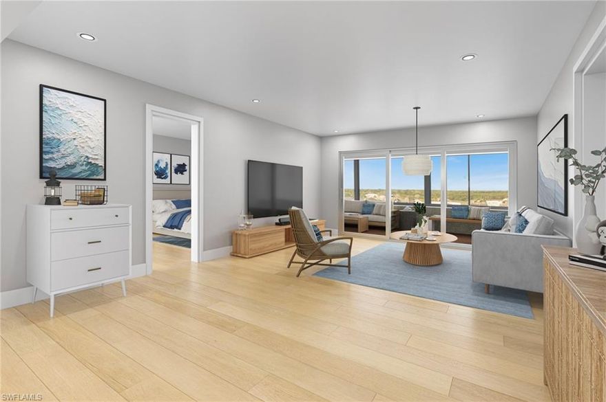 One or more photo(s) has been virtually staged, AI generated or rendered.  Perched on the coveted top floor of Harborside West, this reimagined 2-bedroom, 2-bath residence offers panoramic, unobstructed views of Moorings Bay—perfect for watching boats glide by and offering a private vantage point for the Naples Pier fireworks. Beach access is just across the street, making coastal living effortless.
Ideally located, you're within walking distance to Venetian Village's shops and restaurants, with downtown Naples just a short drive or bike ride away.
The kitchen showcases taupe shaker cabinetry, LED under-cabinet lights, a wine fridge, and a dedicated wine overflow area. Elegant tile extends from the foyer through the dining room and kitchen, transitioning beautifully into AquaGuard oak-style bamboo floating floors in the expansive great room and both bedrooms.
The reimagined lanai features a beadboard ceiling, dual fans, and integrated lighting. Crucial infrastructure upgrades include new PVC drain plumbing, a new electrical panel, popcorn ceiling removal, and a Lutron RA2 smart system controlling architectural DMF downlights and automated Shearweave shades. Keyless electronic entry, fresh paint, and modern trim complete this smart home.