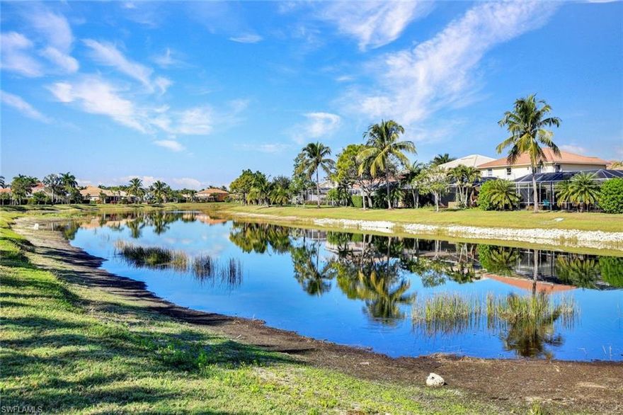 This light-filled end-unit residence is ideally located within the gated community of Reflection Lakes in Naples. Offering added privacy and an abundance of natural light, the corner location features extra windows and a thoughtfully designed, single-level floor plan. Tile and carpet flooring provide a comfortable balance of style and functionality throughout the home. The split-bedroom floor plan places the primary suite on the opposite end of the villa, offering privacy from the guest bedrooms. A spacious laundry room adds convenience and extra storage. Peaceful lake views can be enjoyed from the open, unscreened back patio—an inviting space for relaxing or entertaining. The home is equipped with a whole-house generator with a 500-gallon tank, providing exceptional peace of mind, and the air conditioning system was replaced in 2020. Condo and HOA fees cover nearly everything, including water, sewer, cable, internet, exterior maintenance, lawn care, property insurance, and community amenities, with electric as the only utility expense. Ideally situated close to Naples and Marco Island beaches, shopping, dining, and everyday conveniences, Reflection Lakes offers a well-maintained, centrally located community lifestyle.