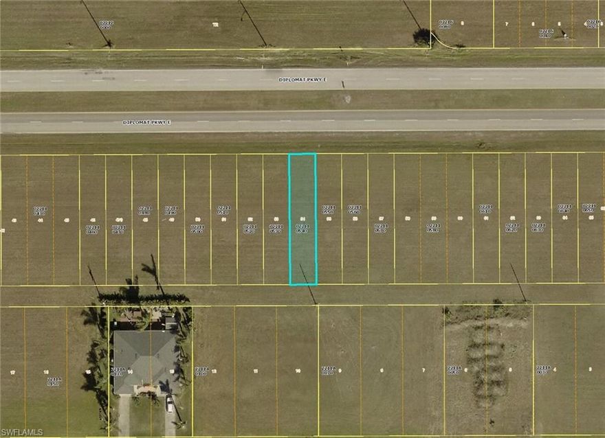 Prime investment opportunity! This 25x125 parcel (3,125 sq ft) offers premium commercial frontage on Diplomat Parkway in NW Cape Coral. Too small to build on alone but ideal for combining with adjacent properties. Not in a flood zone. Verify water, sewer, and utilities with the City of Cape Coral. With significant growth projected for the area, seize this chance to invest for future development or your dream business!