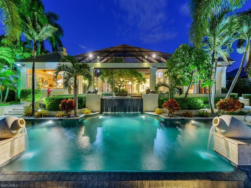 H.11923 Boaters Dream. Tastefully designed and privately gated this grand Port Royal residence is situated on an oversized lot and a quarter overlooking Runaway Bay.  Boasting over 6,600 elegant square feet, and offering wonderful entertaining spaces both inside and outside. The foyer, with elaborate onyx flooring, overlooks the 20-ft high formal living room with magnificent views of a  custom Koi Pond with waterfall and pool beyond. Open flowing floor plan offers a superb Master Suite, cherry wood office, exercise room, three ensuite guest quarters, separate sauna, gourmet Poggenpohl kitchen with extensive counter seating and separate breakfast nook all on one level. Beautiful outdoor spaces with heated infinity edge pool and spa, plus 123 feet of custom boat dock with its direct deep-water access to the Gulf of Mexico. Port Royal is one of the most exclusive area in the country. Located just moments from gourmet dining, luxury shopping boutiques and art galleries on Fifth Avenue & Third Street South. Membership is immediately available to the Port Royal Club, the only private beach club and restaurant in the City of Naples.