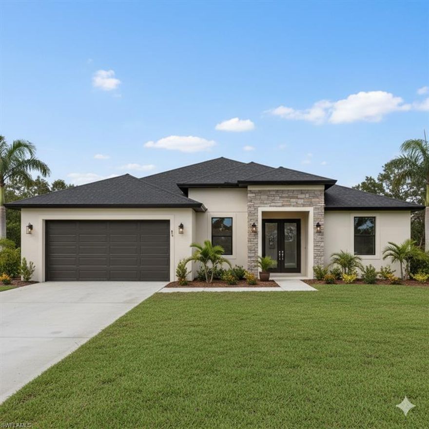 Welcome to 25403 Prada Drive, a masterpiece of modern design located in the highly desirable Burnt Store Village community of Punta Gorda. This stunning residence perfectly blends contemporary coastal aesthetics with high-performance construction, offering a lifestyle of luxury and absolute peace of mind. From the moment you arrive, the striking curb appeal sets a sophisticated tone. Inside, the expansive open-concept floor plan is unified by high-end porcelain tile flooring that flows seamlessly through every room, creating a bright and airy atmosphere. At the heart of the home, the gourmet kitchen is a chef’s dream, meticulously designed with soft-close wood cabinetry, premium quartz countertops, and a large center island perfect for entertaining. The home comes fully equipped with a modern appliance suite, including a high-efficiency washer and dryer, ensuring a truly turnkey move-in experience. Built to the highest standards of safety and efficiency, the property features impact-resistant doors and windows throughout, providing superior hurricane protection and noise reduction. Climate comfort is managed by a high-efficiency A/C unit and a high-efficiency water heater, significantly reducing utility costs. The oversized two-car garage is finished with a professional epoxy floor, reflecting the home’s attention to detail from top to bottom. Outside, the lush tropical landscaping is effortlessly maintained by a dedicated sprinkler system, and the covered lanai offers a private sanctuary for al-fresco dining and relaxation. Being part of Burnt Store Village, you’ll enjoy a serene neighborhood vibe with proximity to world-class boating, golf, and the vibrant Florida waterfront. For added confidence, the builder provides a one-full-year limited warranty along with a 10-year warranty on all structural components. This is more than just a house; it is a meticulously engineered sanctuary designed for those who demand quality, style, and a premier location.