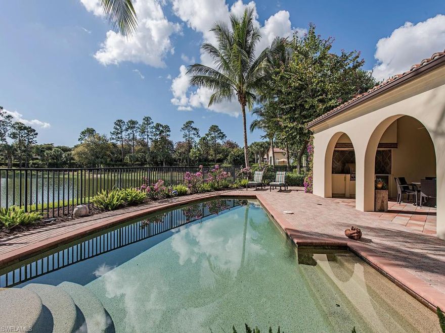 H.11399 - Inspirational living with alluring lakeside vistas & a poolside terrace seamlessly draw beauty into the interior. A sophisticated blend of modern comfort, design & Tuscan architecture define this sumptuous villa residence with 3 bedrooms, study & 3.5 baths. The finest quality finishes were employed in the recent 2013 renovation highlighted with hand scraped hardwood floors, Carrera marble counters & Italian pendant light fixtures. The new chef’s kitchen is replete with Wolf gas cook-top, marble topped island/breakfast bar, butler’s pantry & coffee bar. Nearby a 300 ± bottle Subzero climate controlled wine refrigerator is perfectly sited by the center sculpture garden courtyard for entertaining. Adjoining the kitchen thru a wide arched gallery, the formal dining area flows to the lofty beamed Great Room highlighted by a linear gas fireplace. Comfort and fluidity of modern design is defined in the serene master suite with captivating spa bath & enviable master wardrobe. Two bedroom suites one an attached Casita with private entry provides luxurious accommodations.