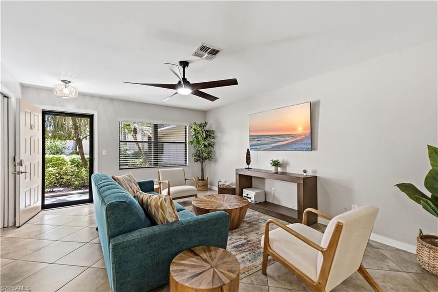 Tucked into lush greenery, this first-floor condo feels more like a private retreat than a typical unit. This beautifully renovated first-floor 2 bedroom plus den, 2 bathroom condo offers 992 square feet of thoughtfully designed space. Enjoy the ease of true first-floor living with no stairs or elevators to worry about.

Inside, you’ll find all tile flooring (no carpet anywhere), custom blinds throughout, and a bright, open layout. The updated kitchen features stainless steel appliances, granite countertops, soft-close cabinetry, and a large Kraus sink, along with a convenient side-by-side washer and dryer with additional storage. Both bedrooms offer walk-in closets with custom built-ins, and the versatile den provides the perfect space for a home office or additional guest space. Furnishings are negotiable, offering flexibility to make the space your own.

Step out into the enclosed four-season room and you’ll immediately feel the difference—this is not your typical condo view. Featuring plexiglass windows that can be opened to let in a breeze or closed, this space offers incredible versatility. Surrounded by lush, mature landscaping, the setting is private and peaceful, creating the feel of your own garden oasis. It’s the perfect spot to enjoy your morning coffee or unwind in the evening without feeling exposed to neighboring units.

Located in Cross Creek Country Club, this condo includes access to both the association pool and the main Cross Creek pool, giving you multiple options to relax and unwind. Residents enjoy a pay-to-play golf course with highly discounted member rates (including cart)—a great perk for golf lovers. The community also features a clubhouse with restaurant and bar, tennis and pickleball courts, bocce ball, a putting green, and an active social calendar.

Whether you're looking for a seasonal getaway or a full-time home, this is a great opportunity to enjoy the Cross Creek lifestyle in a move-in ready, first-floor unit.