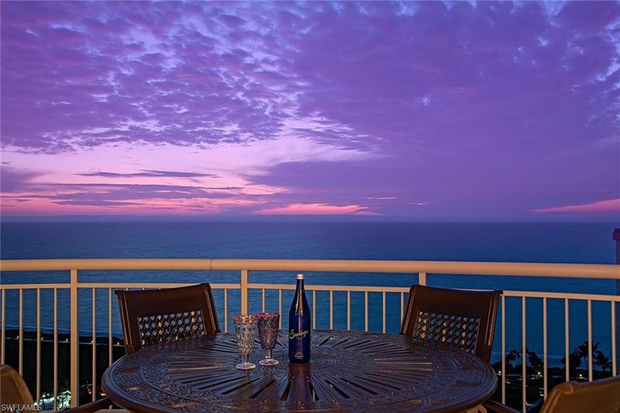 The view really IS better at the top! This incredible penthouse has long range views down the coast, direct Gulf vistas and views of the city lights and Venetian Bay. The fine finishes include warm wood tones and marble floors and an elegant entry foyer that sets the tone for the rest of the classically designed spaces. A large kitchen, casual dining area and family room are the center of the home and are perfect for a large family gathering. The more formal dining room and living room flow into a Gulf front terrace to enjoy the magnificent sunsets. The master suite has a spa-like bath and a private Gulf facing terrace. The study has extensive built-ins including a Gulf facing desk. The three guest suites, all with en-suite baths and access to a terrace, are perfectly located for privacy. Aria is one of the finest buildings on the beach with an array of amenities. Pet-friendly.