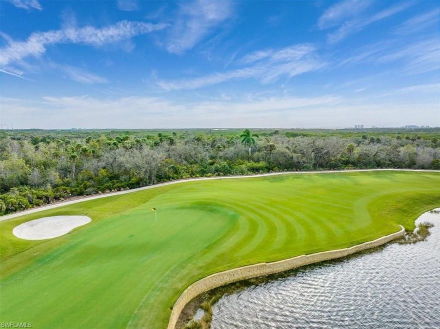 AVAILABLE JANUARY - MARCH, 2026. One of a Kind Views! This 3-bedroom, 3.5-bathroom first floor high-rise end unit boasts possibly the best golf views, overlooking holes 9 & 18. The wraparound screened balcony provides a front-row seat to golfers finishing on the 18th and enjoy the same stunning views from the master suite & great room. Guests are treated to equally impressive scenery on the eastside balcony, each suite featuring its own private bathroom. Formerly the builder's model, this home combines the allure of a high-rise with the convenience of a first-floor location, eliminating the need for elevators. With ceilings soaring over 10 feet, the living spaces feel like an estate home, accentuated by a spacious kitchen w/ample cabinetry & granite countertops. Custom built-ins enhance the elegance of the great room, making this residence a beautiful & functional haven. Jasmine Bay offers private elevator, guest suites, pool/spa, gym & game rooms. West Bay Club amenities include private beach club, restaurants, resort-style pool, fitness center, dog park, River Park w/kayaks, boat launch & storage, tennis, pickle ball, Clubhouse & 18-hole Pete & PB Dye designed golf course.