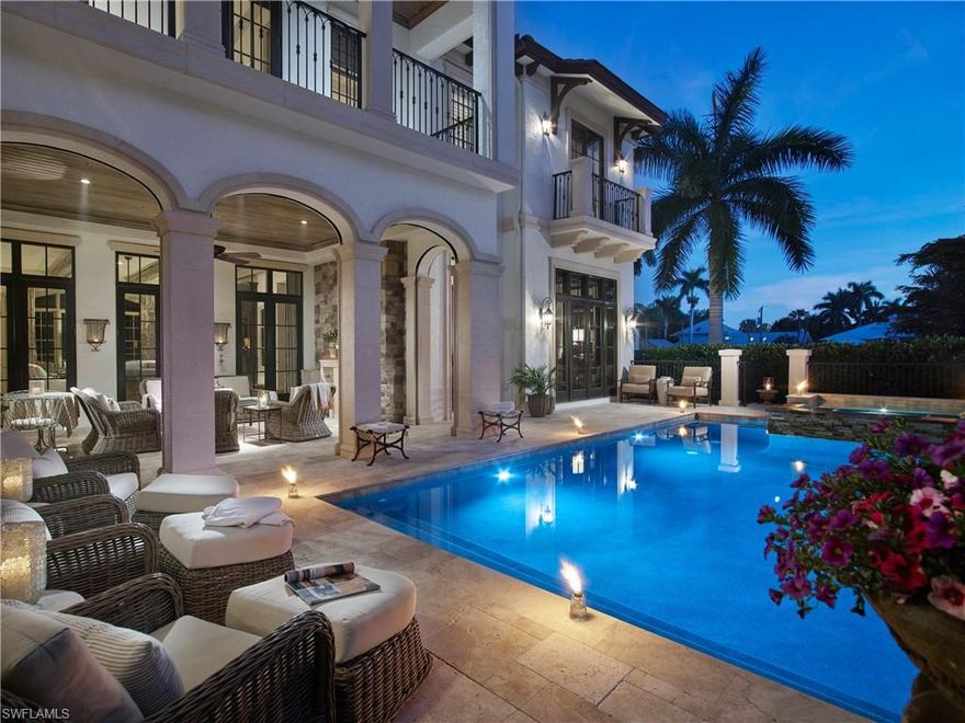 Ideally positioned across the street from the Gulf shore beach and a short stroll to 5th Ave, this 5 bedroom/2 Den, Ocean-Med paradise is your dream come true. Skillfully designed by John Cooney and beautifully detailed by Ficarra design, the rich details mixed with coastal tones and warm woods is truly transitional and offers elegant character along with all that’s to be expected of a luxury Naples residence. Anderson windows and doors allow natural light to stream in and fill the spacious kitchen and family room while Solar Innovation bi-folding doors seamlessly open the dining room to the covered outdoor area complete with rolldown screens and shutters, gas fireplace and inviting views of the spacious pool.  The master bedroom privately tucked on the south side of the house is the perfect place to relax and unwind and connects to a spa like bath with Eucalyptus steam shower. Family and friends will enjoy the comfortable upstairs with loft and private 3 en-suite bedrooms while either full or part time residents will appreciate the 3 car garage, elevator core shaft, additional attic storage, charming eastside courtyard and fenced in south side yard all in the heart of Olde Naples.