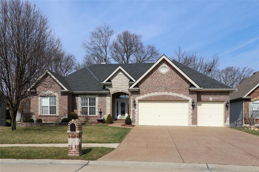 This custom atrium ranch home is full of amazing features! Beginning with the tasteful curb appeal-including an aggregate drive, the landscaping with accent lighting, continuing to the rear of the home with a great deck and aggregate patio to the amazing finishes found throughout the interior that let you know this home was well designed and lovingly maintained.  Among the upgrades found in this home are gorgeous flooring in the hallway and great room, ceramic tile flooring in the kitchen, lower level wet bar area and all 3 full bathrooms, beautiful built in book cases in the great room and lower level study, 3 awesome gas fireplaces, and stunning millwork adorning the walls in the great room.  The lower level offers 2 walkouts- the 1st is from the family room and the 2nd is from the workshop.   This fantastic home is located within the desirable Wentzville School District and is close to shopping and dining in Wentzville and major highways for easy commuting throughout the metro area.