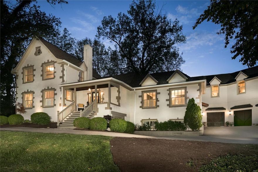 Step into Frontenac history with this charming 100-year-old home blending modern comforts with eclectic French Country style. Enjoy the 1.41-acre lot in a private neighborhood. Ladue schools. The current owner blended designer updates with early 20th-century design—4,318 sq. ft. The main house offers 4 bedrooms, including a 1st-floor primary bedroom suite retreat created 4 years ago. This exceptional master bath area features a marble surround, heated floors, a free-standing tub, an elegant walk-in shower, and a large shared master closet. The WOW back-outdoor space uses reclaimed barn materials and covers a dining and lounging area. This unique space includes a limestone surround fireplace, built-in seating, and an island for grilling and food prep. A future pool design (attached) flows perfectly with the current spaces. The carriage house showcases a second-floor living space with an open plan, office, bedroom, bath, kitchen, and entertaining space—An oversized 3-car garage below.