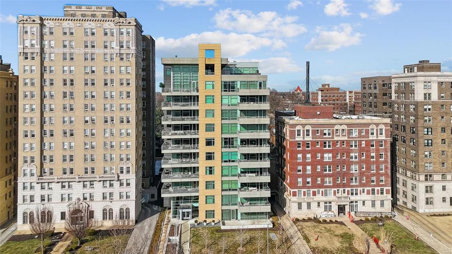 Elegant and refined condo with a covered, 300-SF terrace overlooking Lindell Blvd. and the Wash U Medical Campus. This is a dramatic Eero unit, with over 2,600 SF, a light and lovely open floor plan, 10-ft ceilings, panoramic floor to ceiling windows, and direct elevator access to a private elevator foyer. Other features include Mirage wood floors, built-in bookcases, a walk-in pantry adjoining the  kitchen, closet organizers, designer electric shades, plus an in-unit washer/dryer. The high-quality finishes and upgrades in this unit are amazing, with top-of-the-line baths and kitchen. The first floor of 4545 includes a lobby with attendant, fitness center, guest suite for overnight visitors, plus a reception/conference room with wet bar, kitchen and outdoor patio. There are 2 parking spaces (#14 and #55) in the attached heated garage, plus a storage locker in the garage. Enjoy walking just 1/2 block to Euclid Avenue's fabulous cafes, shops and restaurants! Forest Park is 2 blocks west! Location: City