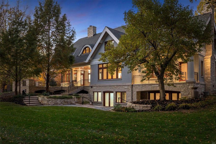 Luxurious Ladue Home seated in a Beautiful Enclave of Private Homes! Custom built, 5-bedroom, 9-bathroom, 4-car garage! Picturesque location on .83 acres of privacy w/ exquisite setting. Lovely exterior features~ 2 Storybook balconies, expansive stone patio, stone columns & glow of outdoor lighting. Grand Entry open to Hearth Rm w/ walkouts & lovely yard view. Expansive Kitchen is a chef's dream~ a myriad of cabinets, quartz tops, bar seating, quality appliances, & breakfast nook. Kitchen opens effortlessly to Family Rm & Dining Rm. MF owner's Suite~ sitting rm, wetbar, dreamy walk-in closet & balcony. Stunning Primary ensuite bath~ marble surrounds, steam shower, multi-spray shower, jacuzzi tub w/dome skylight, dual vanities, private stairwell to LL sitting rm/office & walkout. 2nd level~ four bedrooms, all w/ ensuite baths & walk-ins. (One a guest suite w private living rm & full kitchen.) LL~Large Family Rm area, wine rm, workout rm & more! 4 fireplaces! Geothermal heat/cool system. Additional Rooms: Mud Room, Wine Cellar
