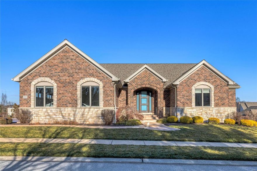 Sophisticated full-brick ranch home with over 3800 sf of living space enhanced by maple hardwoods, dimensional ceilings, contemporary lighting & energy efficient systems. Impressive entry foyer leads to private study with custom built-ins and stunning great room highlighted by stacked stone accent wall with fireplace. Designer kitchen featuring quartz countertops, custom ash cabinetry, professional quality appliances, 10’ center island & butler’s pantry adjoins dining room with sliding glass doors that open to screened porch. Spacious primary bedroom suite with 2 walk-in closets & luxury bath with jetted tub offers an appealing retreat. A 2nd ensuite bedroom completes the main floor living quarters. Lower Level entertainment space includes recreation room with wet bar, game room, workout room & guest suite. Situated on a premium cul-de-sac lot with deck, covered & open patios & oversized 3-car garage. Premier gated community with walking trails, ponds, fountain & waterfall.