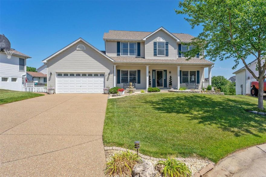 Welcome to this 2-story home, located on a court and is being sold by the original owner. This spacious 4-bedroom house offers plenty of space for the whole family. The finished basement is a true gem, featuring a breakfast bar and kitchenette, perfect for entertaining guests.  Unwind and relax in the screened-in patio or enjoy a soak in the hot tub. The backyard is ready for summer with an above-ground pool, a beautiful pond stocked with fish and a swing set ready to entertain the kids. Parking is a breeze with the 2-car garage and a large driveway capable of accommodating 6 cars.  Enjoy the benefits of a carpet-free main level and basement, offering easy maintenance and a clean, modern aesthetic. With a 4-year-old roof, this home offers peace of mind and durability. Located in the sought-after Fort Zumwalt School District. Perfect time to call this HOME and have a few summer BBQ’s! Home Warranty included.!