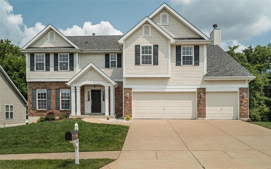 FRANCIS HOWELL SCHOOLS! This amazing two story with three car garage BACKS TO WOODS! The owners enjoy the peace and quiet you feel while hanging in the backyard. Upon entering you will notice 9 ft ceilings, some wood flooring and NEW CARPET.  To the left is a flex room that is great for a playroom, homework area or office space.  This is the 2 story Floor Plan that is completely open across the rear with an expansive entertainment area, including the Great Room, Casual Dining Space, and the Kitchen. Right off the Great Room are the stairs to take you to the upper level.  Here you will find another rec room/living room perfect for family game nights and movie nights.  Two of the bedrooms have their own BATHROOMS.  The master suite offers vaulted ceilings, walk in closet and his and hers vanities. The basement is a huge canvas with 9ft pour and rough in plumbing.  Walk out to the private backyard and the maintenance free deck. Close to shops, Hwy 364, and the new Veterans Memorial Park.