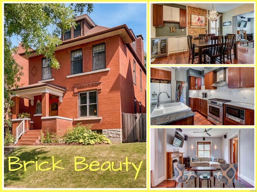 Tower Grove Heights beauty dripping w/ style & fine finishes! Steps from TG park & S. Grand's fantastic restaurants & shops this historic gem is ideal for all that want to enjoy urban life in style! Fantastic open concept that include 2 main level gas fireplaces w/ delicious exposed brick! Entertain w/ ease in the chef open custom kitchen including dazzling granite, subway tile, island & professional stainless appliances! Sophisticated dining w/ fantastic chandelier & custom bar &  wine chiller. Take the party to the shaded backyard that has cement brick patios, fire pit, privacy fence, & 2 car garage! Charming upper level w/ glass french doors, beautiful wood work throughout! Enjoy the Bright master suite & bath including more subway tile, custom vanity, & jet tub. Guest bedrooms are generous in size & 3rd level can also be an additional family room. 3 levels of rich cherry floors & beautiful restored historic staircase showcasing a wall of exposed brick! Zoned HVAC. Additional Rooms: Mud Room