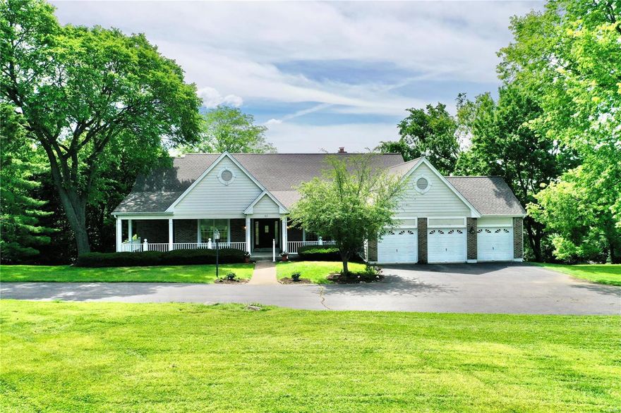 Sprawling Ranch w/ Open Floor Plan on nearly 3 acres in Kirkwood! Lovely covered front porch! Newly Painted! Beautiful hardwood floors! Spacious Living rm flanked by a wall of windows, & a gas FP w/brick surround! Spacious kitchen w/ island/bkfast bar, custom white cabinets, & all appliances included! Stunning light filled hearth room, encircled by large windows. Dining room! Master bed suite w/ walk in closet, and full bath. Master bath has dual sinks, soaking tub, and glass enclosed shower. 2nd bed has a walk on closet and private full bath as well. large deck off of the bkfast room! Walk out lower level has a 40x20 Family room that walks out to an aggregate patio,a gas FP w/brick surround, and a spacious 3rd bedroom with walk in cedar closet! Backs to trees and woods! Historic stone smoke house included!  2.6 miles from downtown Kirkwood! Near several delicious restaurants & great shopping! New Roof, New Furnace and New Water Heater! New roof 2022 & furnace 2022!