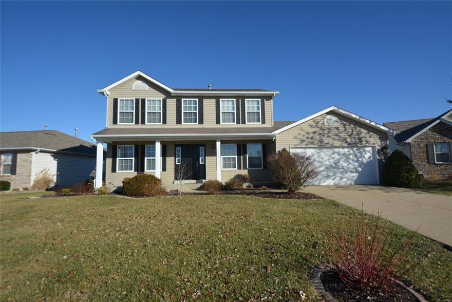 Stunning 4BR 2.5BTH 2sty that shows like a display. Nestled on a quiet cul-de-sac the exterior offers a brand new roof, beautiful curb appeal w/vinyl front, lush landscaping w/irrigation sys & 2 car garage. The interior shows pride of ownership w/fresh neutral paint, newer flooring & updates throughout. Walking in the entry foyer you'll notice the living rm & formal dining rm. Spacious family rm features a gas FP & bay window. You'll love the updated designer kitchen w/custom cabinetry, granite countertops, tile backsplash, center island, SS appliances, pantry & bkft rm w/slider to the deck overlooking the fenced backyard perfect for outdoor enjoyment. Powder rm & laundry complete the main. Upper lvl features a vaulted master suite w/walk-in closet & luxurious updated bth w/dbl vanity, jetted tub & shower. 3 add'l BR & updated full bth on Upper lvl. This home is conveniently located w/easy access to major hwys, top-rated Wentzville School District, shopping & restaurants. A MUST SEE!