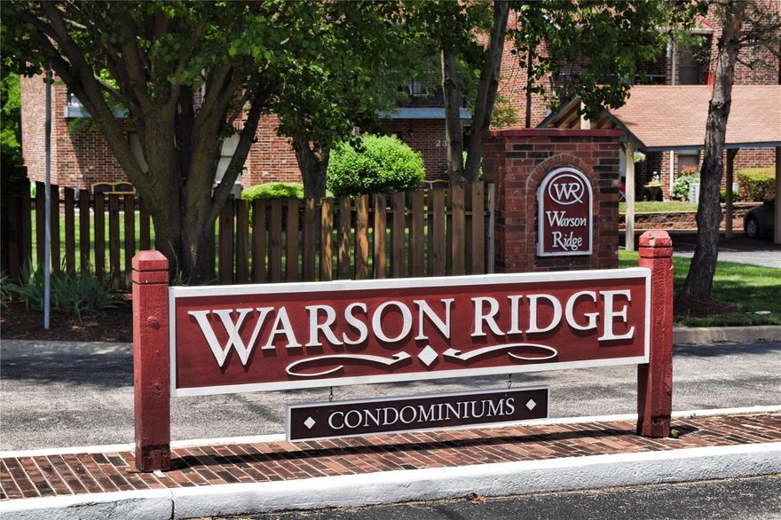 Nestled away in Warson Ridge Condominium Complex awaits a charming two bdrm, two bath condo. Walk in and feel the spaciousness with cathedral ceilings in the main living area and bedrooms. New carpet and fresh paint throughout gives an updated look. The kitchen features a breakfast nook, trendy backsplash, pantry and plenty of cabinet space. Brand new dishwasher and stackable washer and dryer. The Great room features a masonry wood burning fireplace with access to a balcony. Each large bedroom has it’s own private bathroom, spacious closets and entrance to a covered patio. Relax by the pool in the summer and enjoy the beautifully landscaped common grounds of this charming complex. Ready to move in and easy access to the the main highways. Assigned covered parking spot #39 Location: Upper Level