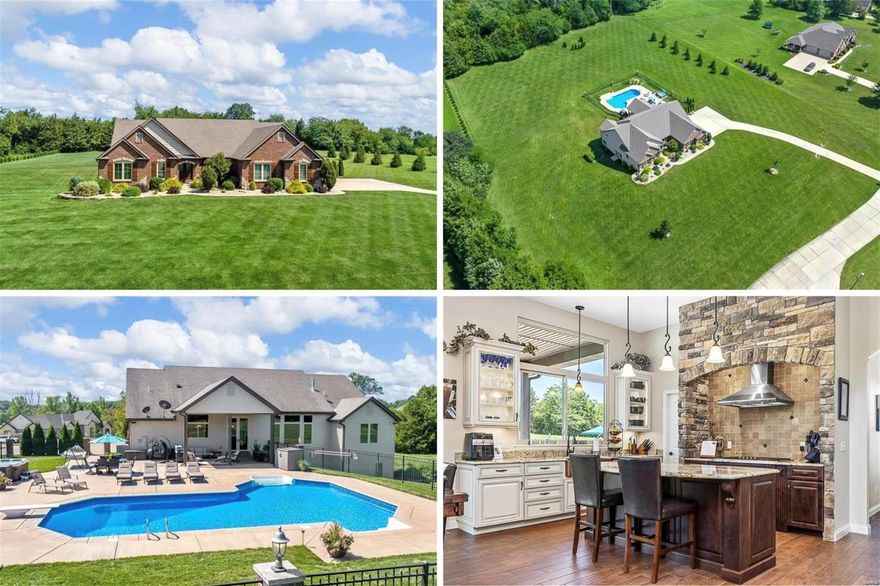 Exceptional 2760sf ranch+ on 3 ac w/amazing outdoor areas incl heated saltwater pool,hot tub,patio areas! MUST SEE - even BETTER in person!30 min to Chesterfield Valley.Can’t build for near this price! Alum fence w/lighted brick columns. All 3 ac set up w/irrigation sys w/private well for sprinkler! Unique for homes on acreage, this home has fiber internet,sewer,nat gas,public water & Elec Vehicle charging station!Great rm w/stacked stone fplc. Surround sound in great rm,kitchen & gar! Gourmet ktchn w/arched stone surrounds Thermador gas cktp,huge isl,custom cabs,gorgeous granite hammered copper farm style sink,WI pantry!Awesome mudrm w/cubbies & MFL w/counter,cabs,WIC.Master w/2 WIC & lux bath w/huge shwr w/multiple shwrhds! 2B + 1F/1H baths on main.W/O lwr lvl w/4th BR,full bath,tons of space for future fnsh!39’x25’ 4 car heated gar w/hot/cold water.Gorgeous wood look tile!Pella wndws/doors 12/20.High-eff HVAC,2-50gal WH,softener/whole house filtration, MUCH MORE! Additional Rooms: Mud Room